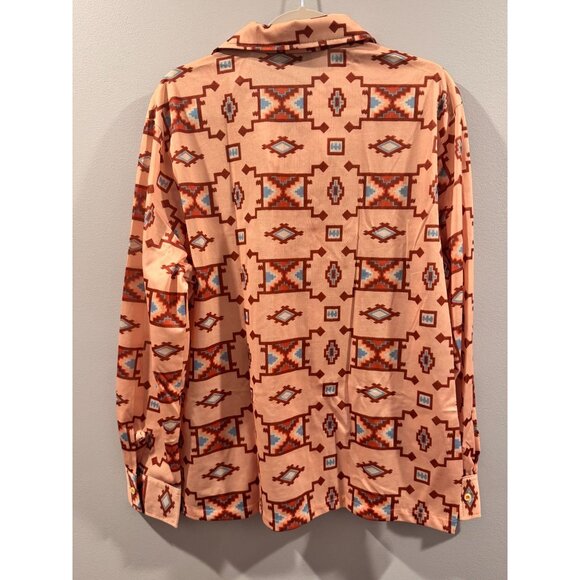 VTG 70s Disco Catalina Associates Aztec Print Button-Up Shirt L Peach Polyester - Picture 3 of 7